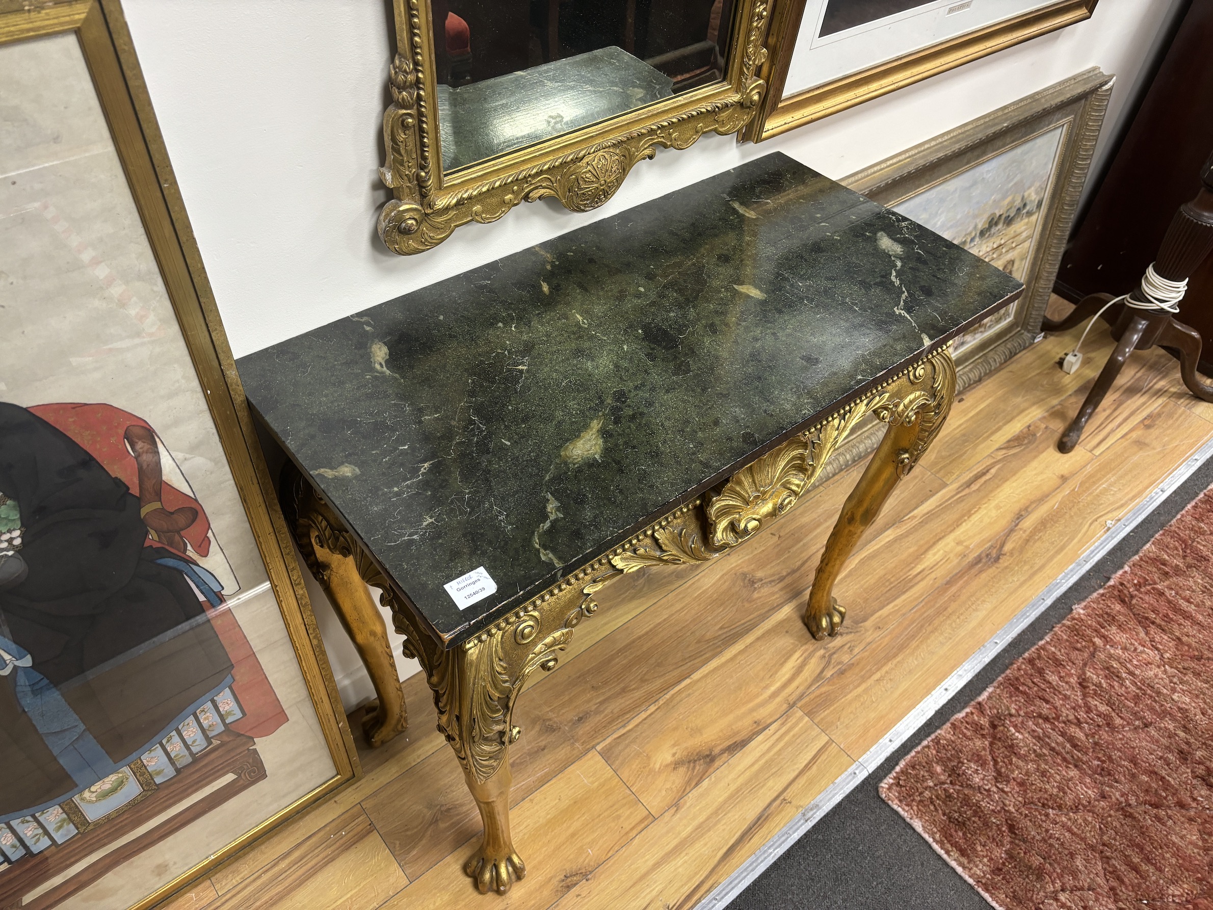 A George II style giltwood pier table, width 91cm, depth 45cm, height 79cm and a similar pier glass, width 61cm, height 115cm